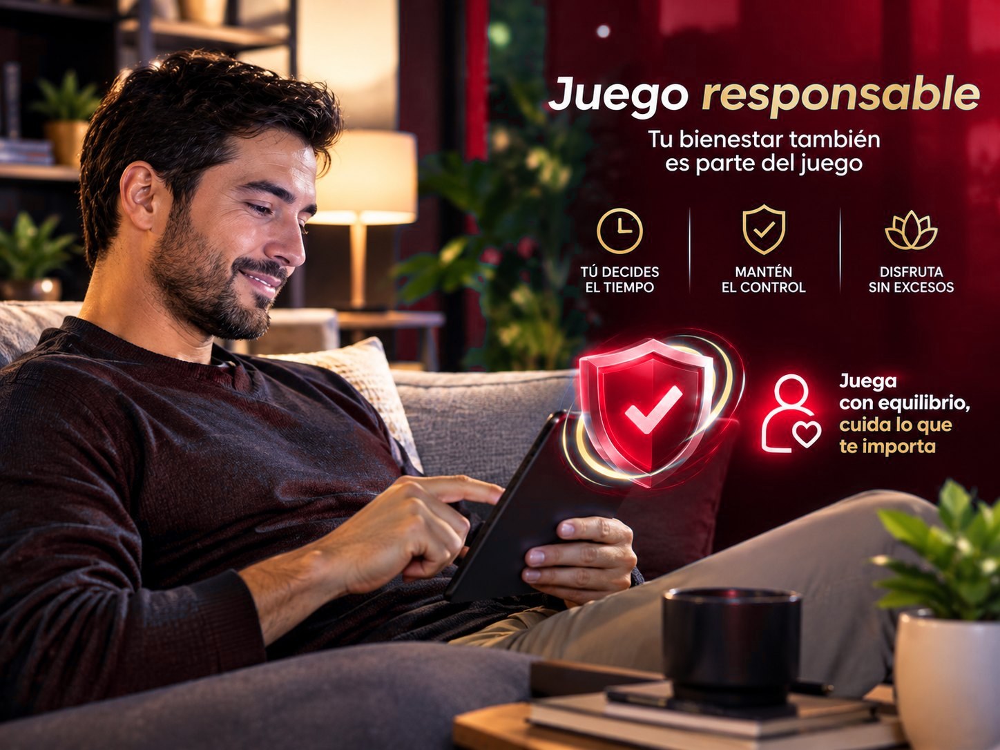 Hombre relajado revisando su tableta, con el mensaje Juego responsable: tu bienestar también es parte del juego. Tú decides el tiempo, mantén el control y disfruta sin excesos
