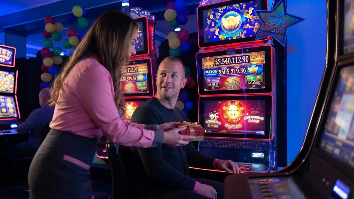 Asesora del casino entregando un obsequio a un cliente en la sala de máquinas